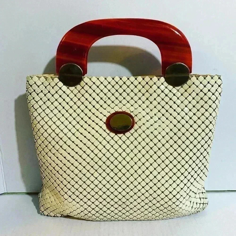 Whiting & Davis vintage beige metal handle handbag